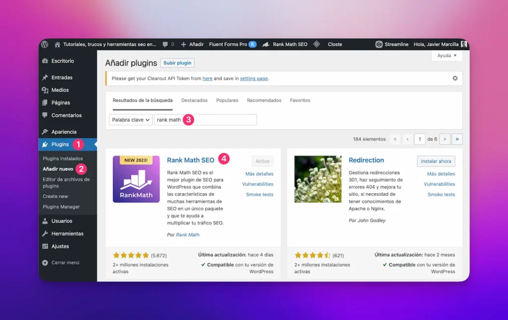 Instalar plugin Rank Math en WordPress
