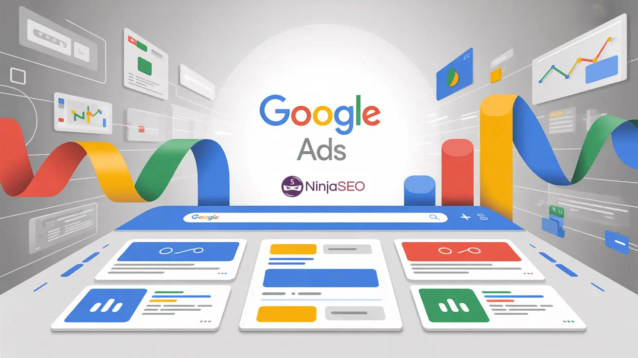 Ilustración de Google Ads con gráficos y elementos de SEO en un entorno tecnológico.