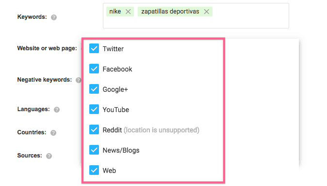 Plataformas y redes sociales soportadas por Awario