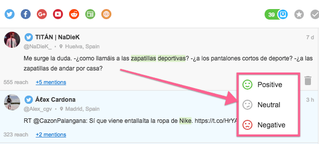 Awario te permite clasificar las menciones de acuerdo a un "sentimiento"