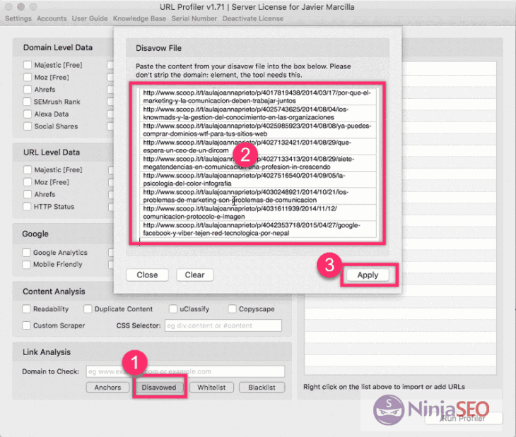Utiliza tu fichero disavow en URL Profiler