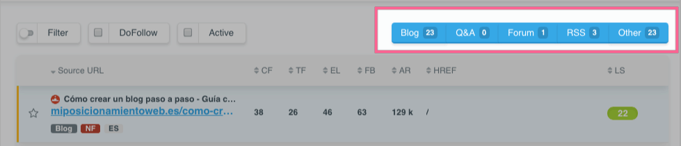 Filtrado de enlaces por categorías en LinkMiner