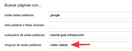 Excluir palabras en la busqueda avanzada