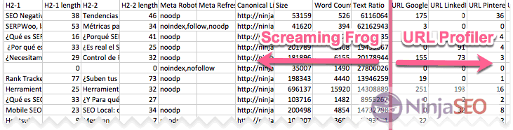 Informe con datos combinados de Screaming Frog y URL Profiler