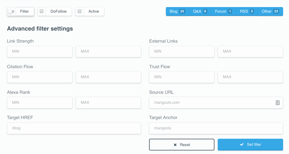 LinkMiner permite filtrar por métricas y características