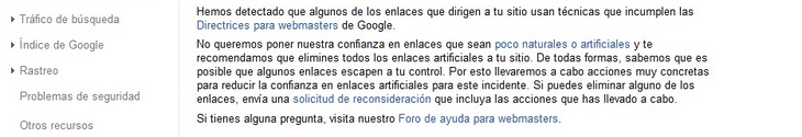 Notificación de Google sobre enlaces poco naturales o artificiales