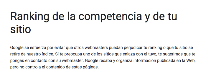 Documentación de Google sobre el Ranking de la Competencia y de tu sitio web
