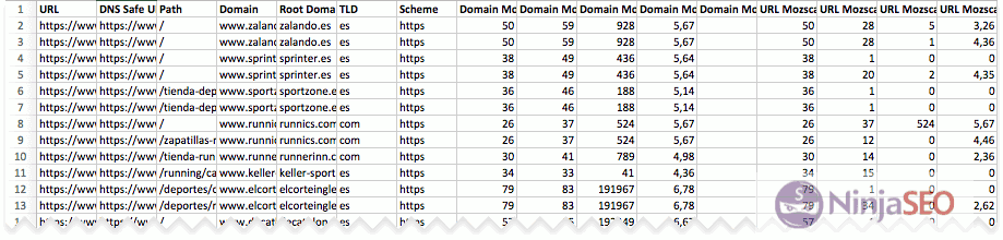 Resultados de Moz con URL Profiler