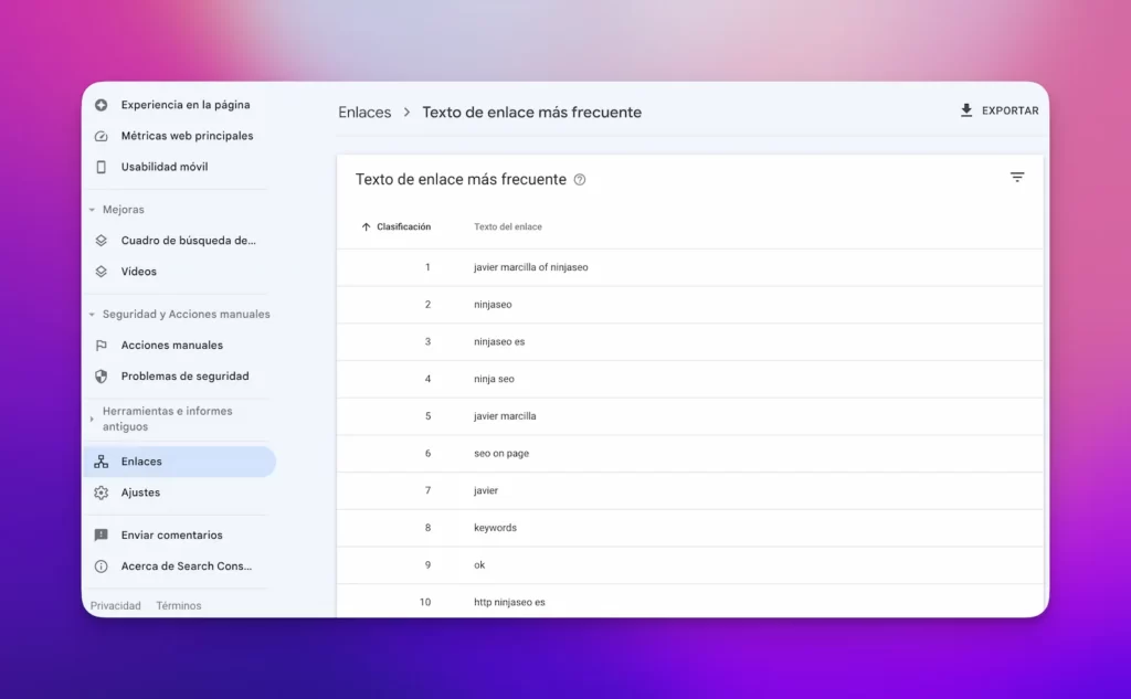 Textos ancla en Search Console