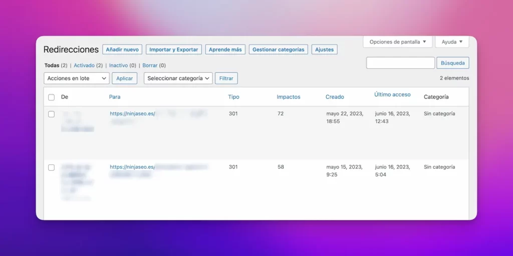 Pantalla Redirecciones en Rank Math SEO