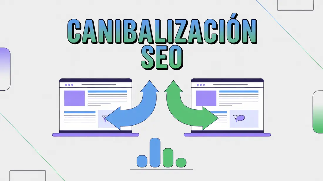Ilustración de canibalización SEO con dos páginas web y flechas que indican intercambio de tráfico.