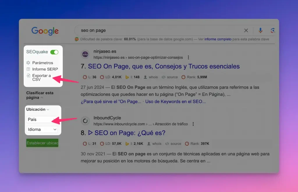 Barra lateral de SEOQuake en los SERPs
