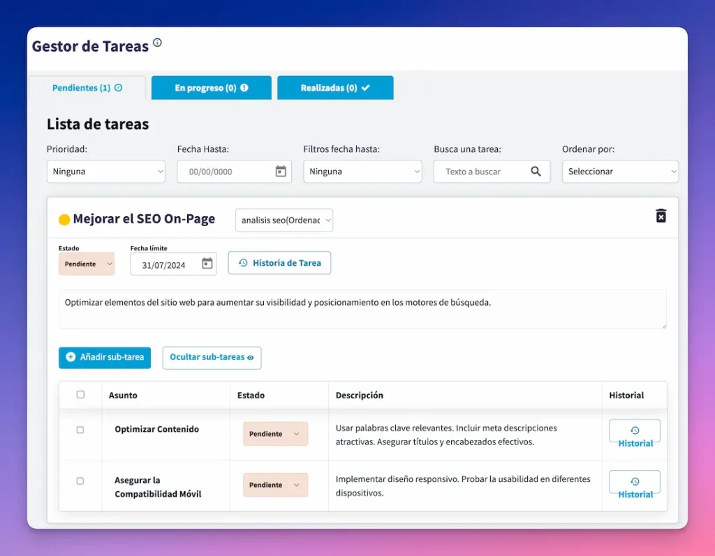 Modulo de tareas SEO en DinoRank