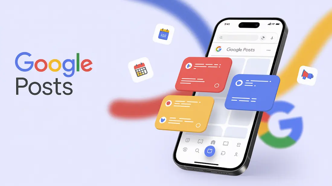 Smartphone displaying Google Posts app with colorful icons floating around.