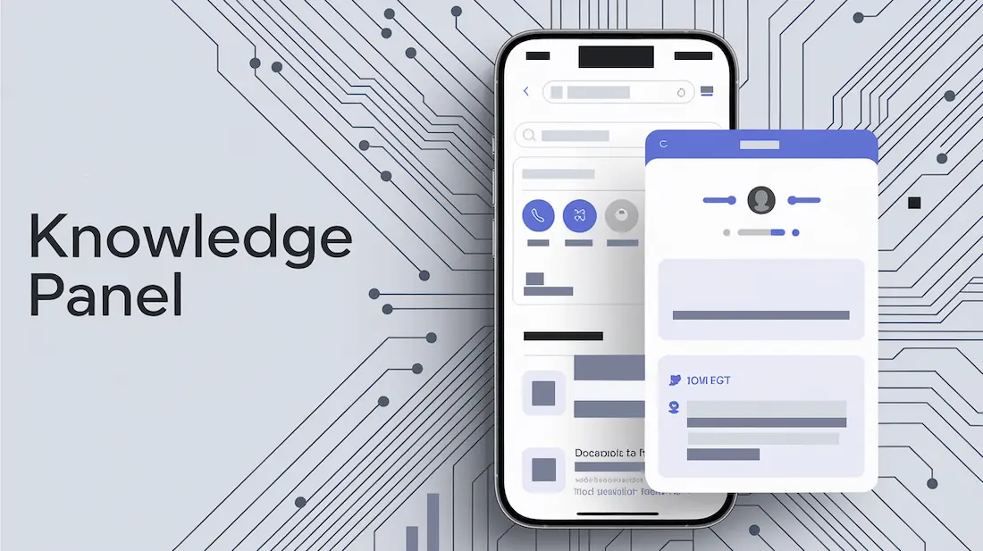 Diseño de interfaz de usuario en un teléfono móvil, sobre un fondo de líneas de circuitos. Texto: Knowledge Panel.