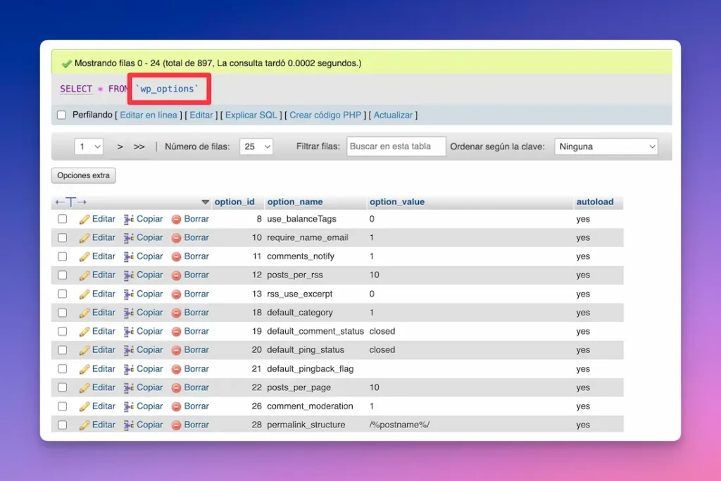 Estructura de base de datos phpMyAdmin