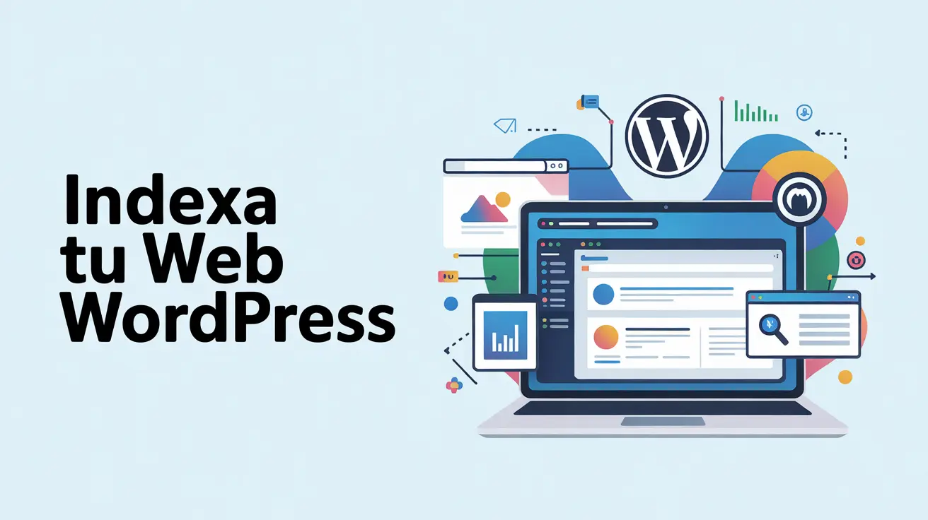 Ilustraci&oacute;n de ordenador port&aacute;til con gr&aacute;ficos y el logo de WordPress, simbolizando SEO para indexar sitios web.