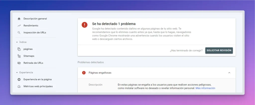 Mensajes de problemas detectados en Search Console