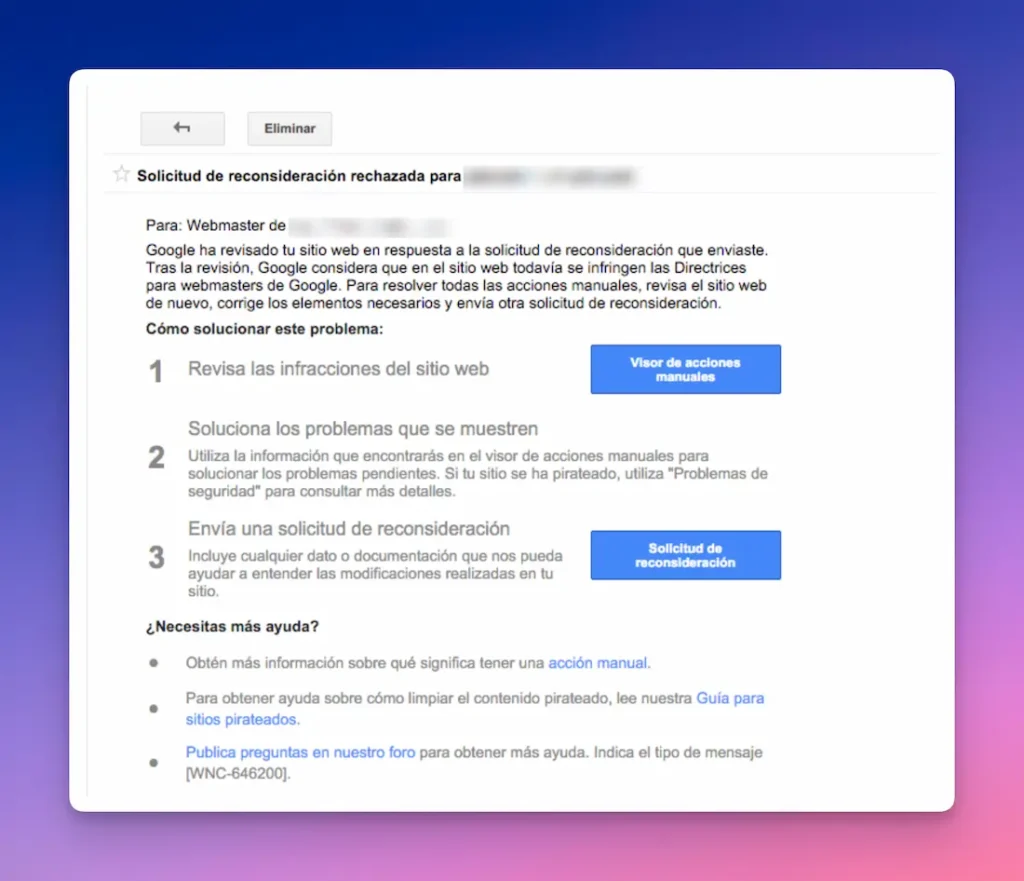 Solicitud de reconsideración rechazada por Google