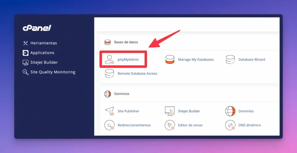 phpMyAdmin en un panel de control CPanel
