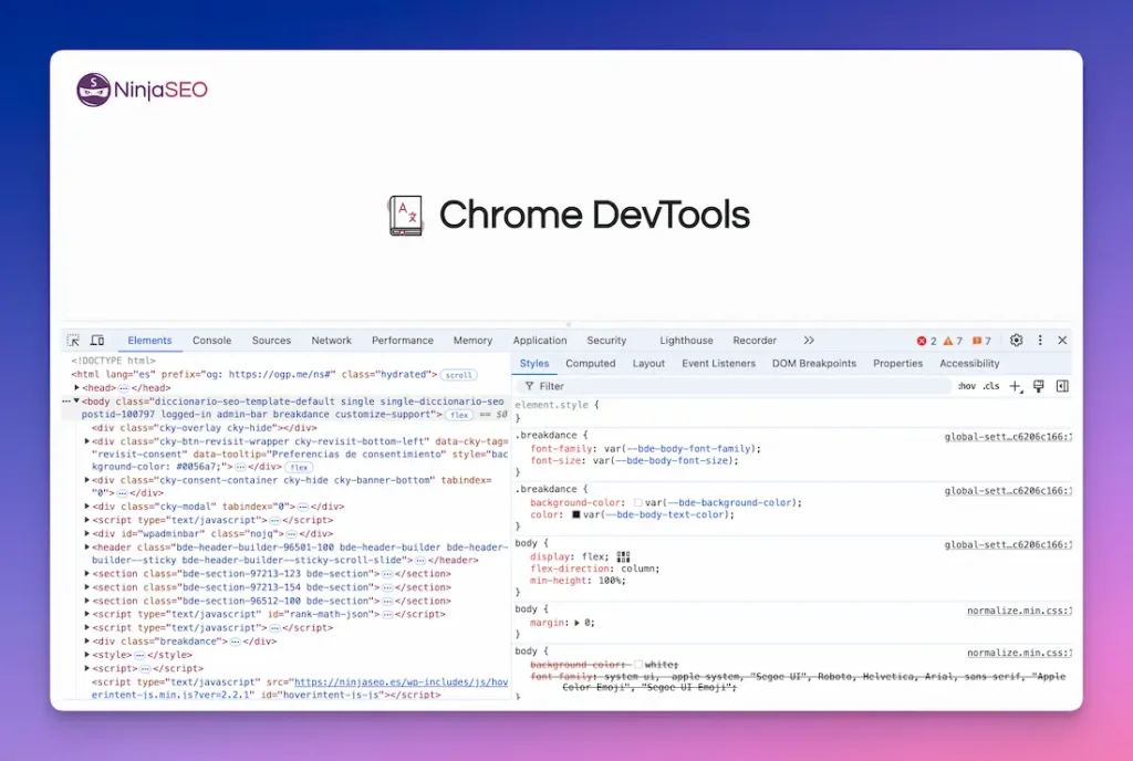 Chrome DevTools diccionario seo opt