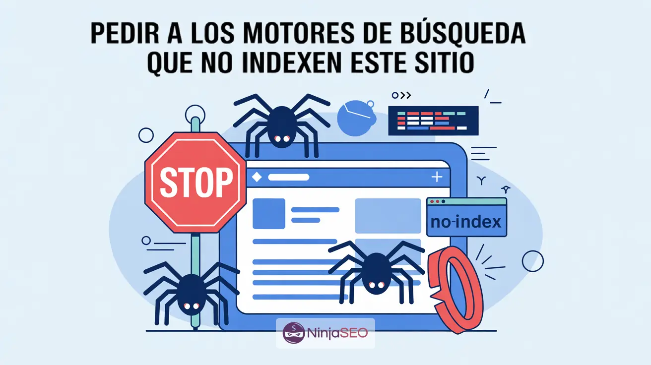 Ilustración de arañas y señales de stop representando no indexar un sitio web.