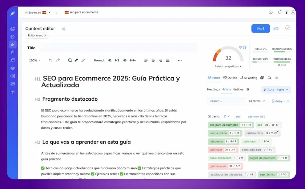 Editor de contenido de NeuronWriter para SEO en ecommerce, mostrando análisis de palabras clave y estructura del texto.