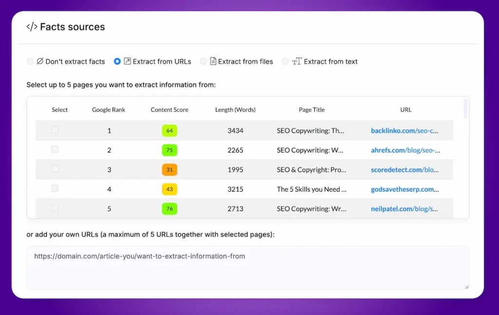 Pantalla de NeuronWriter mostrando selección de URLs para extraer información de SEO, con puntajes y longitudes de contenido.