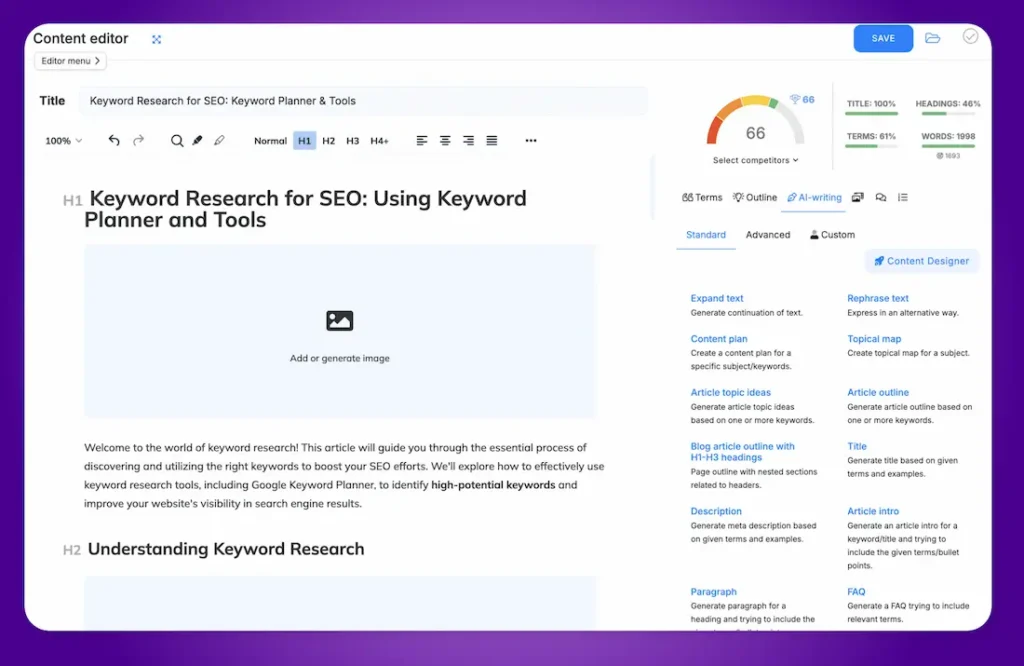 Interfaz de NeuronWriter mostrando herramientas para optimizar contenido SEO y análisis de palabras clave.
