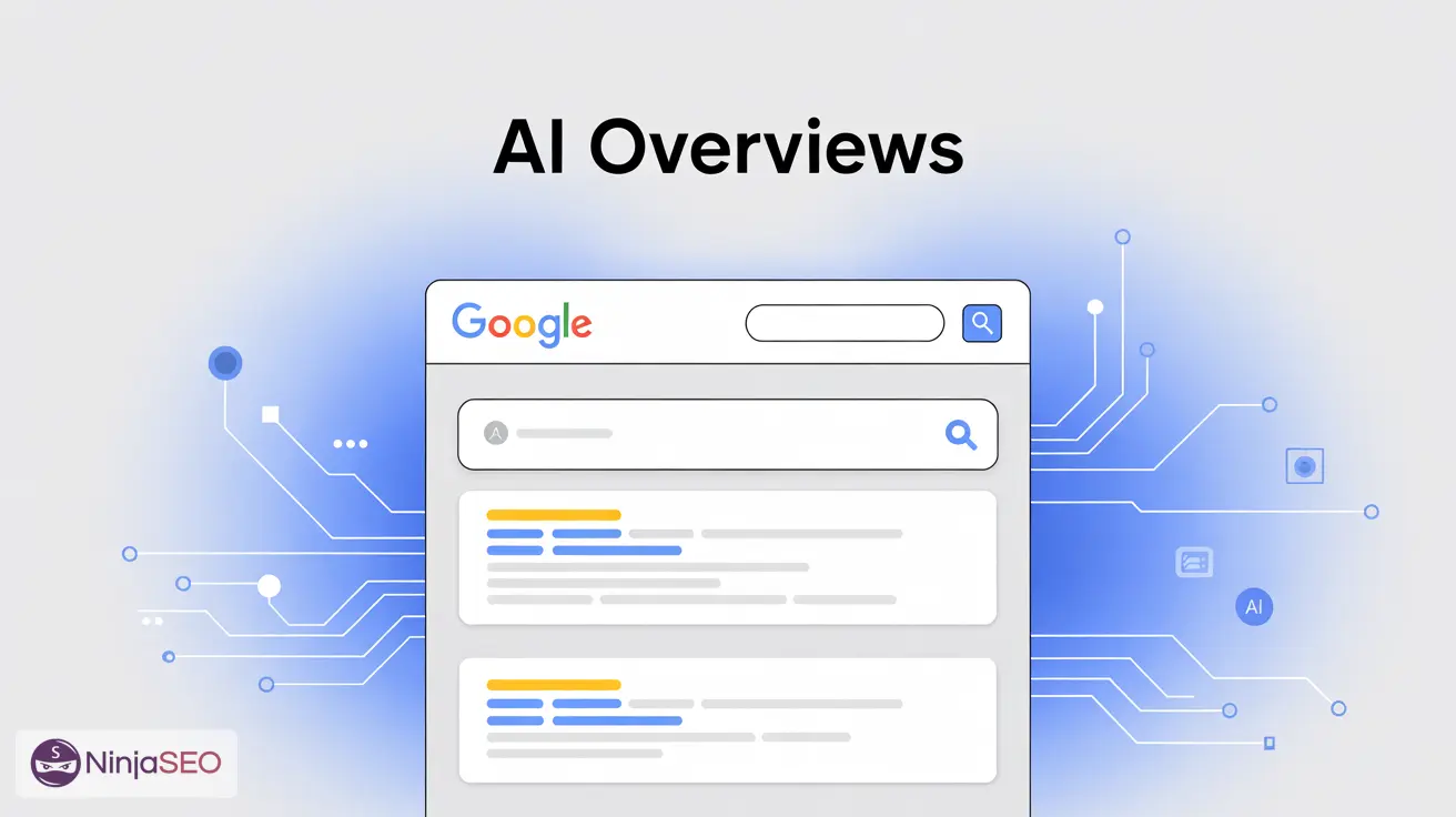 Interfaz de búsqueda de Google con fondo azul y gráficos de circuitos. Logo de NinjaSEO en esquina inferior izquierda.