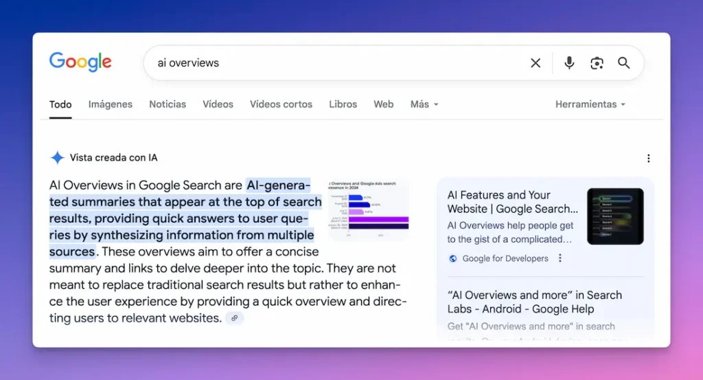 Resultados de búsqueda de Google con resúmenes generados por IA, destacando información sintetizada de múltiples fuentes.
