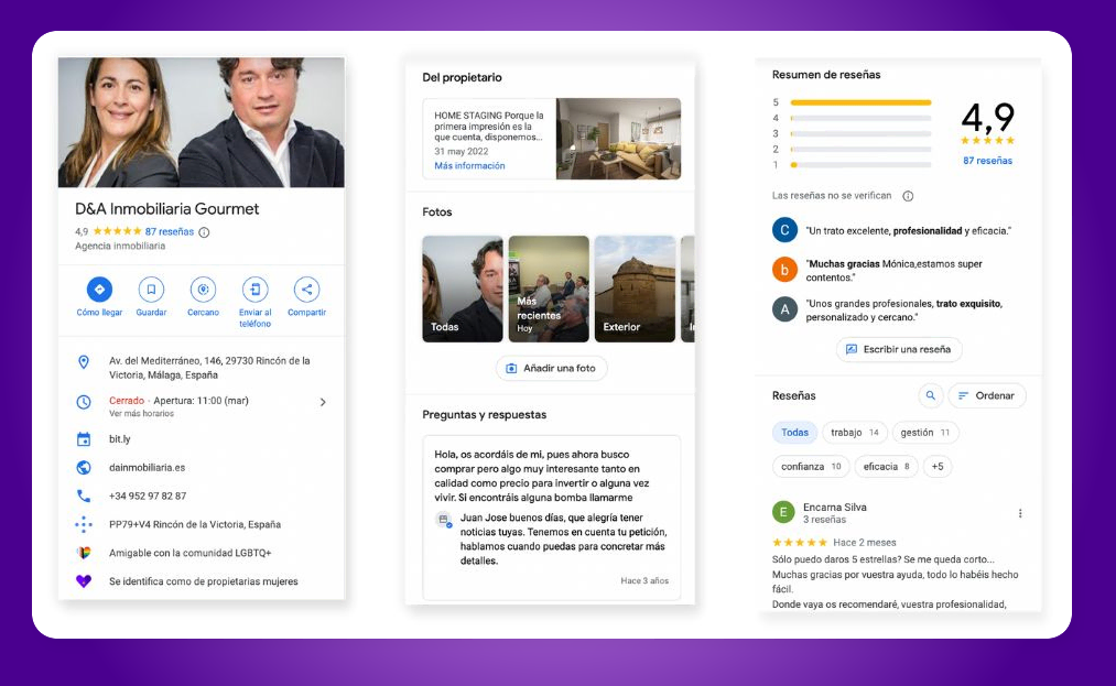Pantallas de perfiles de Google Business optimizados para una agencia inmobiliaria. Muestra reseñas, fotos y detalles de contacto.