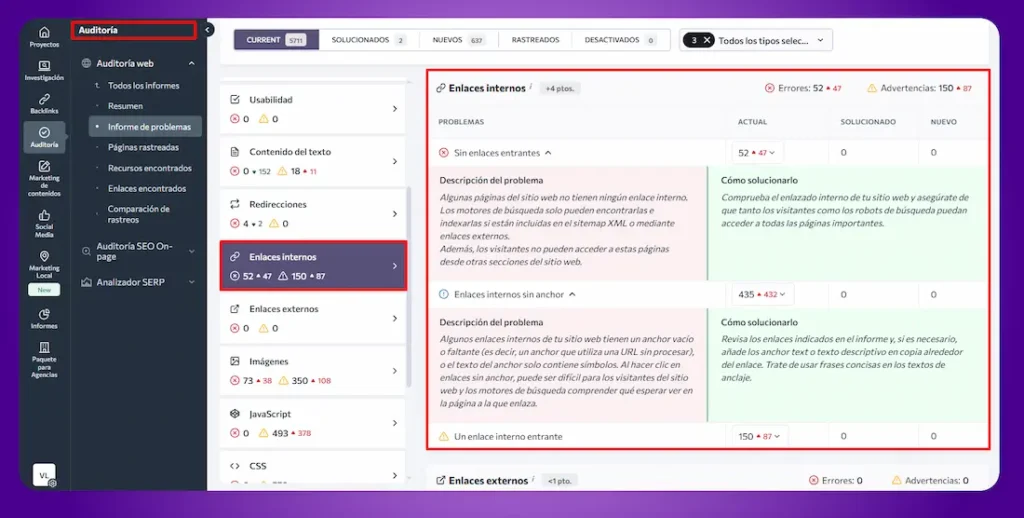 Informe de auditoría de enlaces internos mostrando problemas, descripciones y soluciones con estadísticas y alertas.