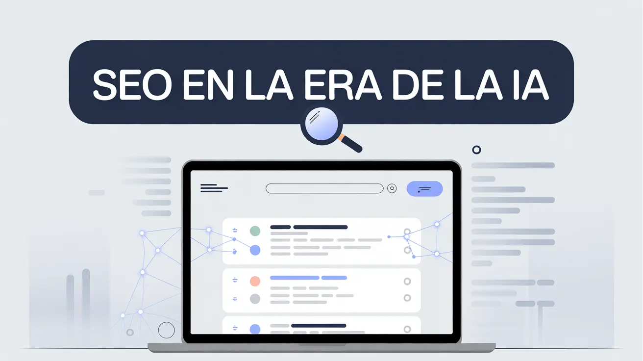 SEO y la IA representados en una pantalla de ordenador con lupa y gr&aacute;ficos conectados.