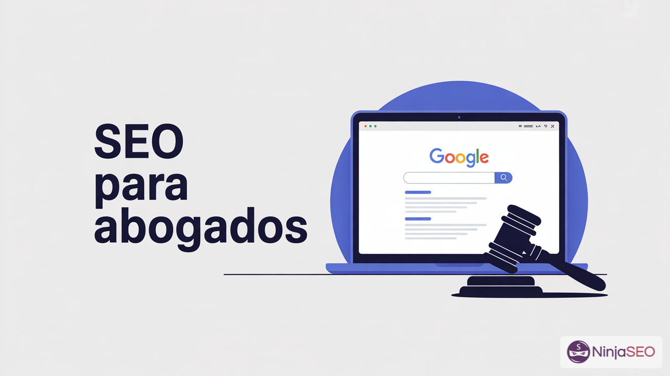 SEO para abogados con laptop y mazo judicial sobre pantalla de b&uacute;squeda de Google.