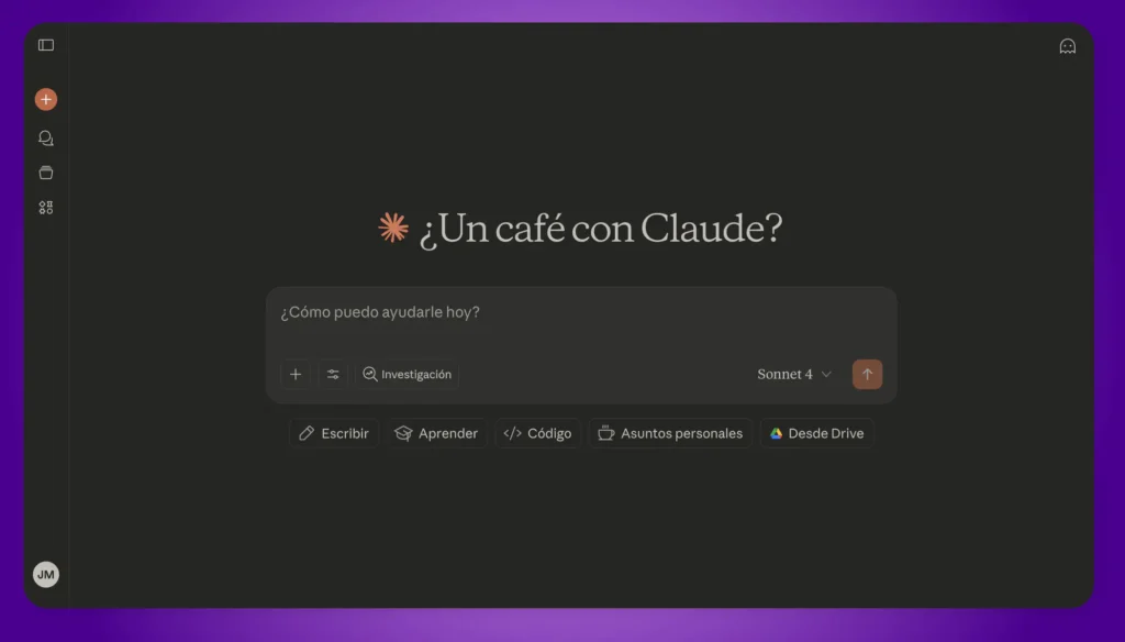 Pantalla de inicio de Claude IA con opciones de búsqueda y escritura.