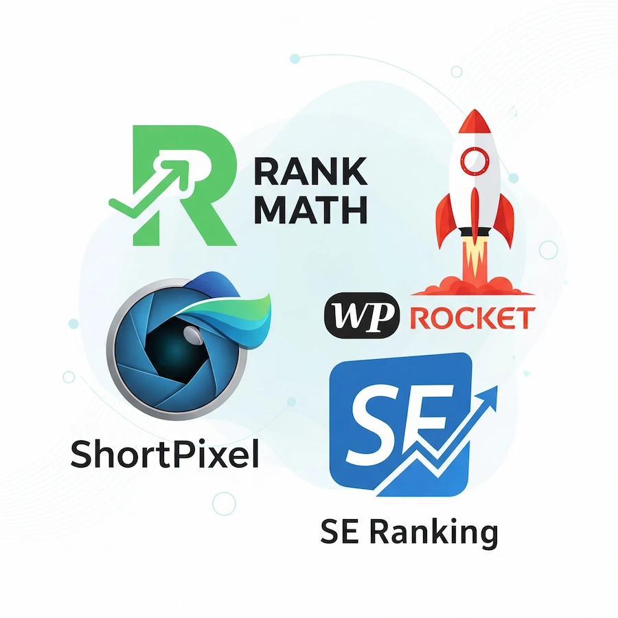 Logos de Rank Math, WP Rocket, ShortPixel y SE Ranking, herramientas SEO para WooCommerce.