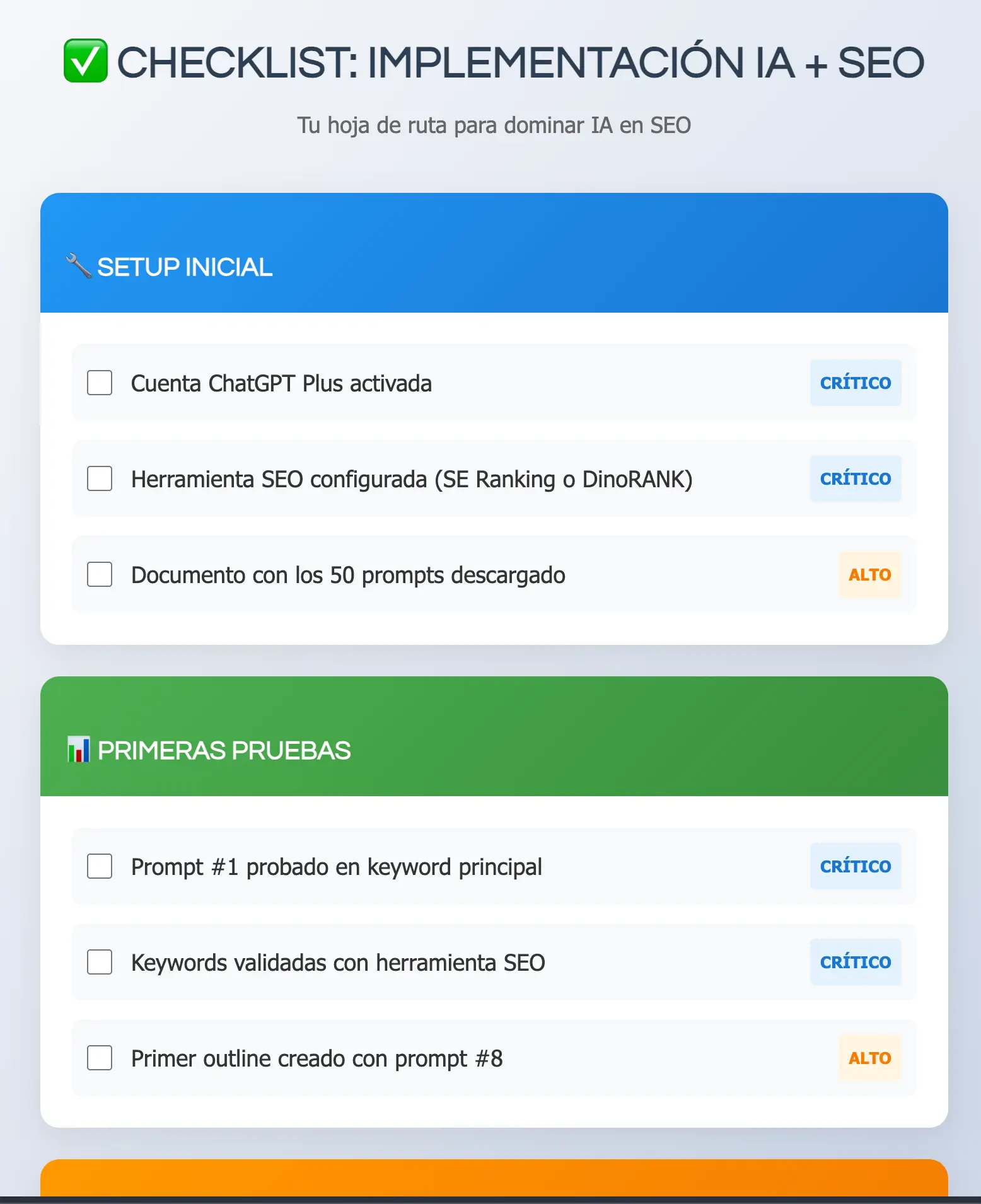 Lista de verificaci&oacute;n de SEO con IA, que incluye tareas cr&iacute;ticas y altas para optimizar el uso de herramientas y prompts.