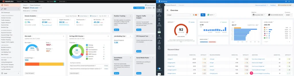 Comparativa de interfaces entre Semrush y SE Ranking, mostrando métricas de SEO y análisis de palabras clave en dos paneles distintos.