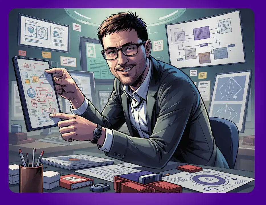 Hombre sonriente en oficina tecnológica, mostrando gráficos en tablet, rodeado de pantallas y documentos.