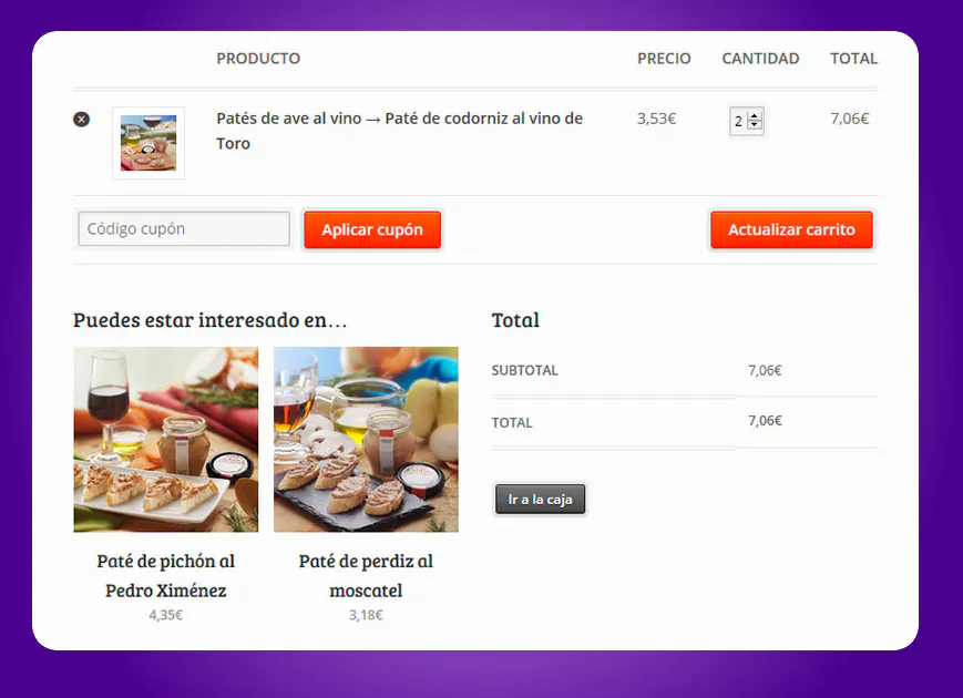 Interfaz de compra en línea de patés, mostrando productos cruzados y opciones de actualización de carrito en WooCommerce.