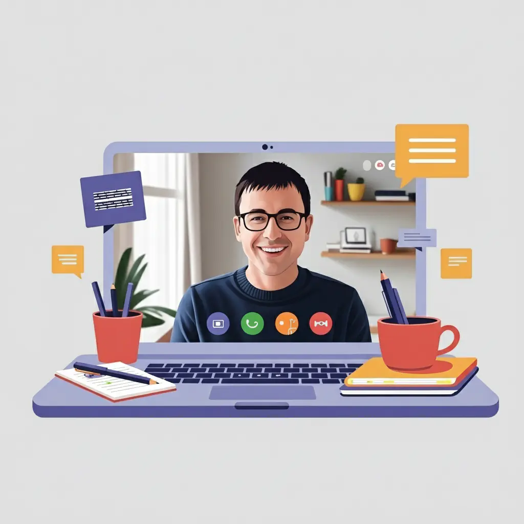 Ilustración de videoconferencia con hombre sonriente en pantalla, rodeado de elementos de oficina como café y libreta.