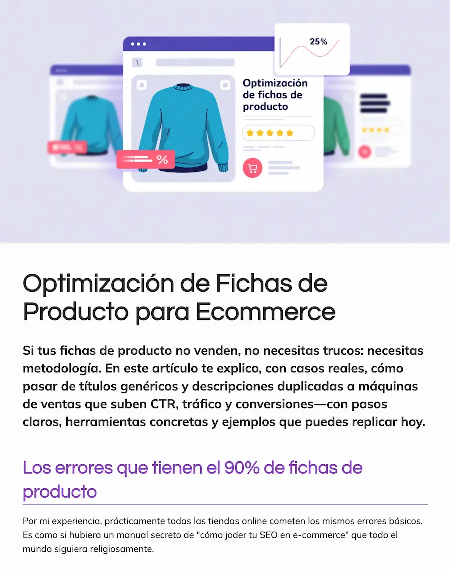 Imagen ilustrativa sobre la optimizaci&oacute;n de fichas de producto para ecommerce, destacando gr&aacute;ficos y una sudadera azul.