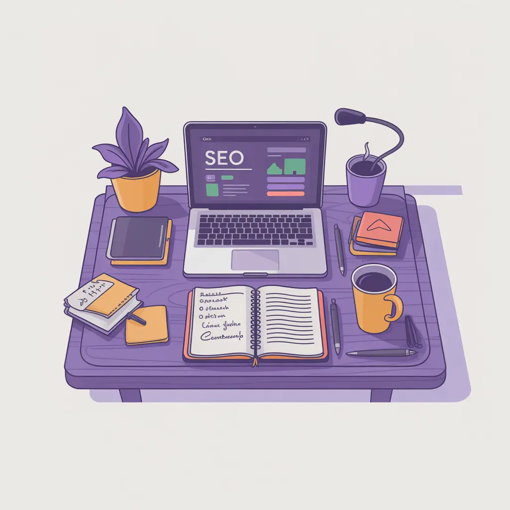 Escritorio con portátil mostrando diseño web SEO, plantas, tazas y cuadernos.