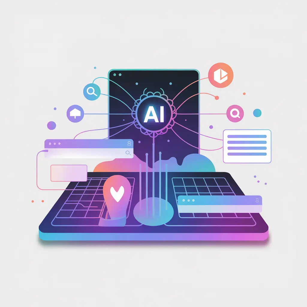 Ilustración conceptual de IA conectada a elementos de SEO con iconos de búsqueda y navegación en colores vibrantes.