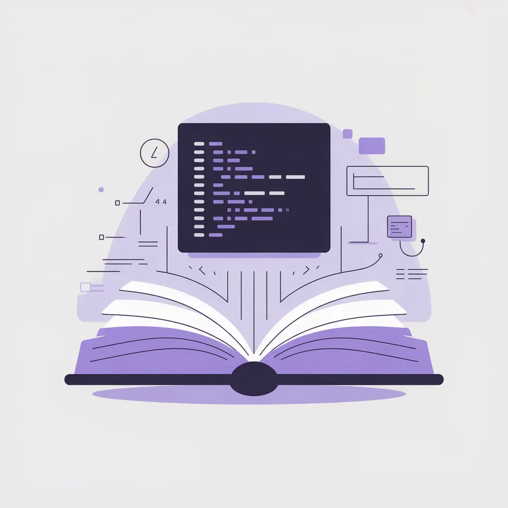 Ilustración de un libro abierto con elementos digitales y código, simbolizando el aprendizaje de SEO.