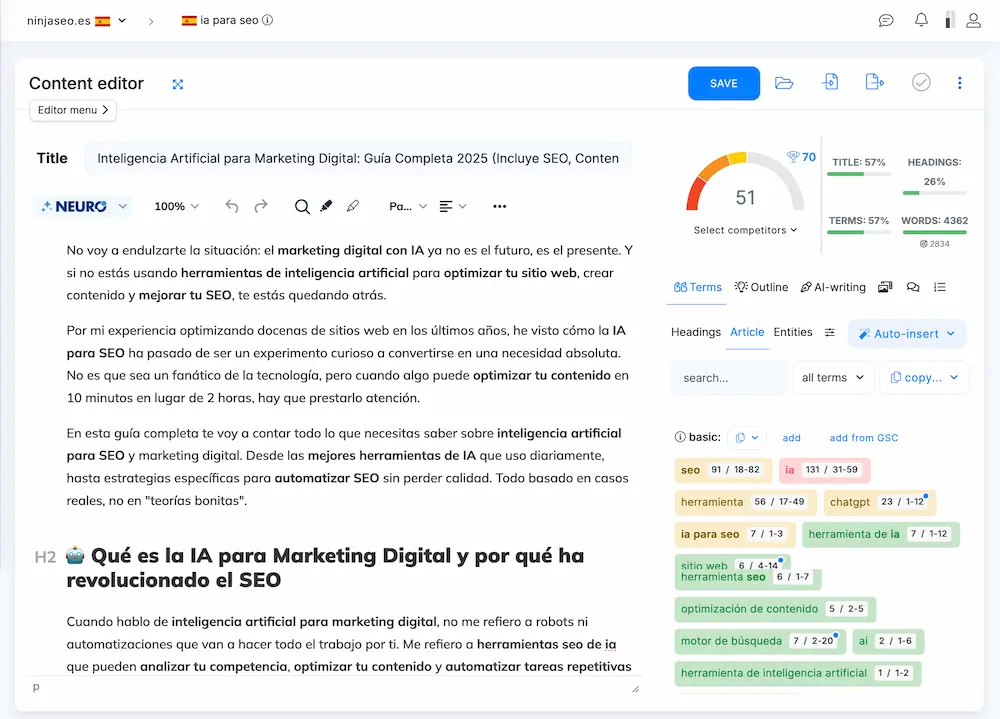 Editor de contenido sobre marketing digital con IA para mejorar SEO en una gu&iacute;a completa para 2025.