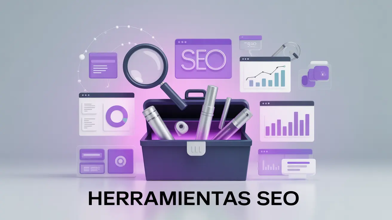 Caja de herramientas con iconos de gráficos y SEO, representando estrategias de optimización digital.
