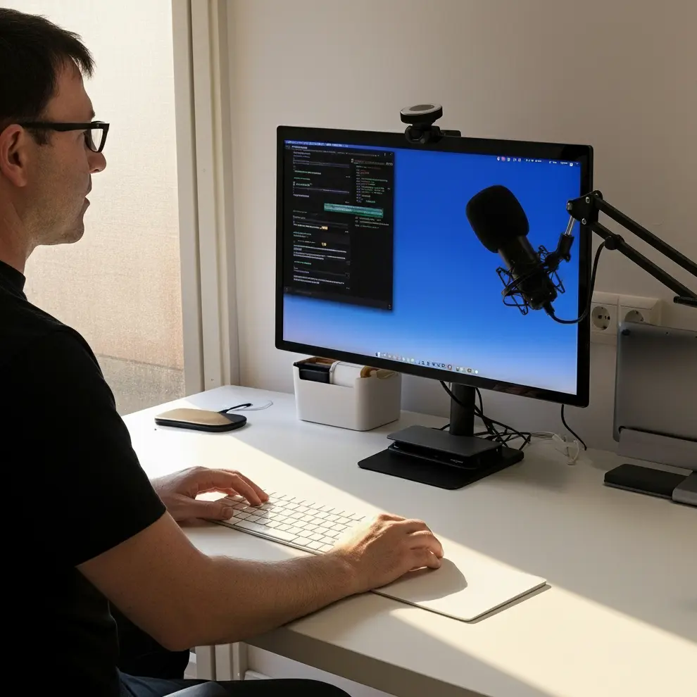 Persona trabajando en un escritorio con computadora, teclado y micr&oacute;fono en un brazo articulado.