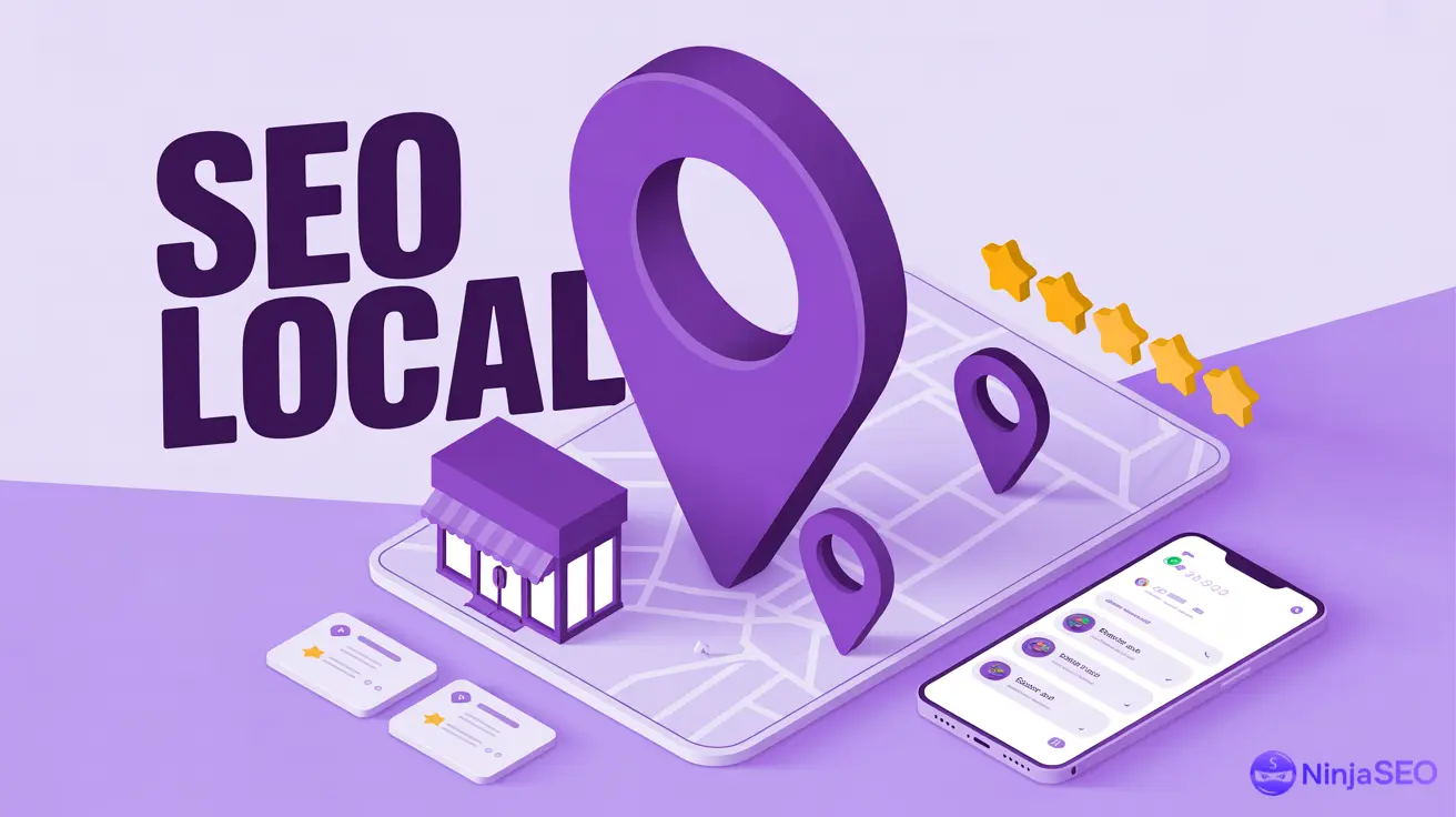 Icono de ubicación morado en mapa digital con estrellas de calificación y smartphone, ilustrando SEO local.